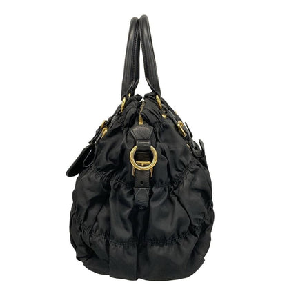 Prada Handbag Gathered Bag Black Leather Tag Leather