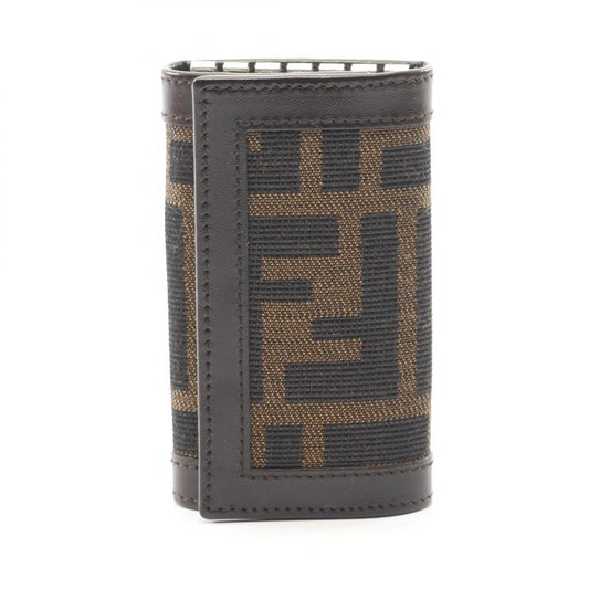Fendi Key Case Zucca Black Dark Brown Canvas Leather Zucca 6 Row Key Case