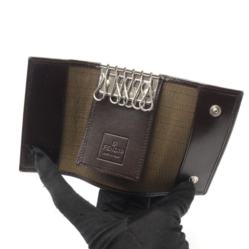 Fendi Key Case Zucca Black Dark Brown Canvas Leather Zucca 6 Row Key Case