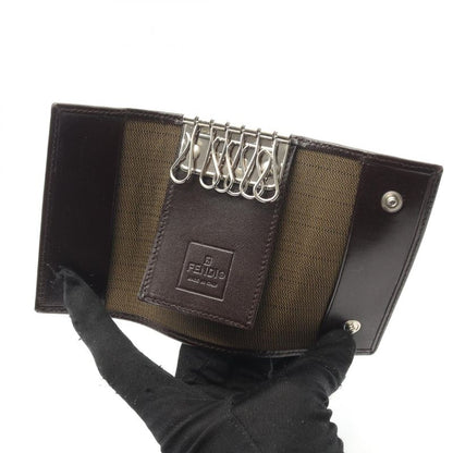 Fendi Key Case Zucca Black Dark Brown Canvas Leather Zucca 6 Row Key Case