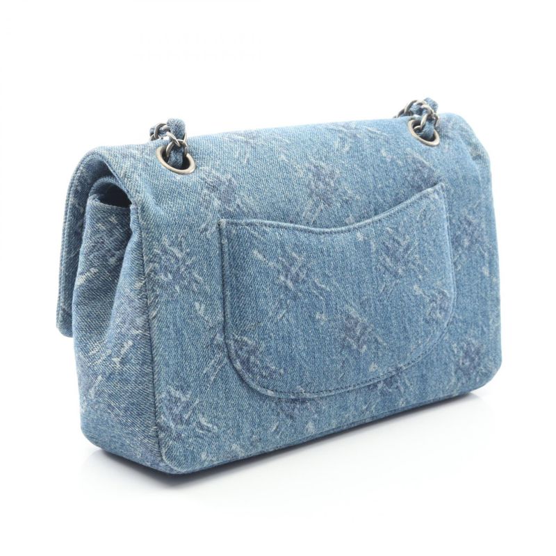 Chanel Shoulder Bag Coco Mark W Flap Denim Blue Denim Matelasse Double Flap