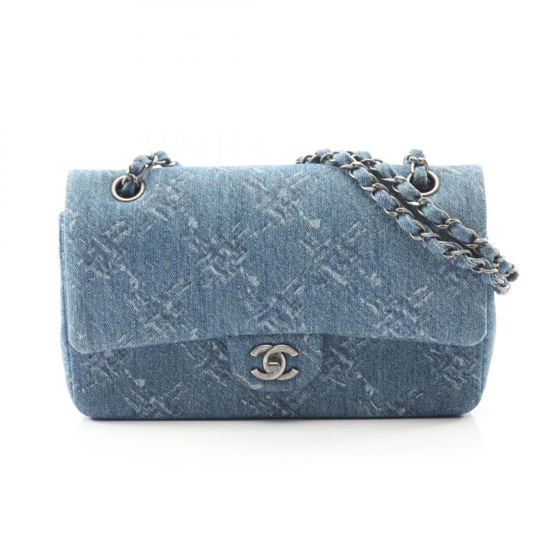 Chanel Shoulder Bag Coco Mark W Flap Denim Blue Denim Matelasse Double Flap