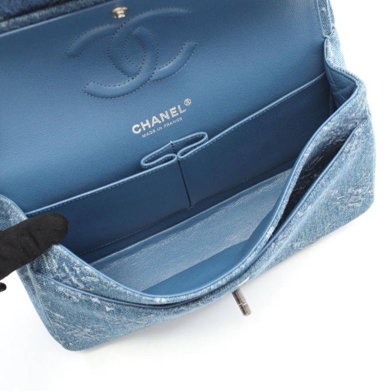 Chanel Shoulder Bag Coco Mark W Flap Denim Blue Denim Matelasse Double Flap