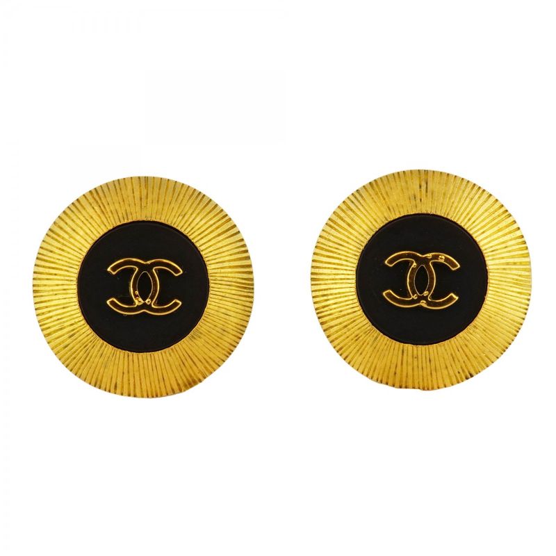 Chanel Earring Vintage Coco Mark Round Shape Circle GP Plated Gold Black Cles