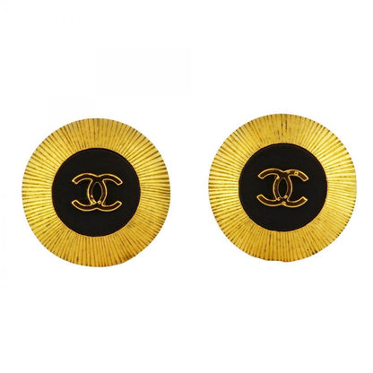 Chanel Earring Vintage Coco Mark Round Shape Circle GP Plated Gold Black Cles
