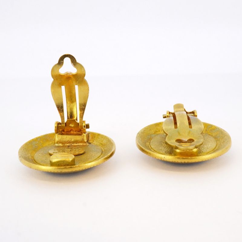 Chanel Earring Vintage Coco Mark Round Shape Circle GP Plated Gold Black Cles