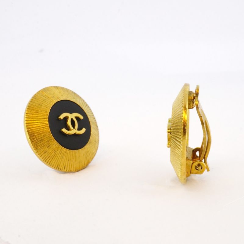 Chanel Earring Vintage Coco Mark Round Shape Circle GP Plated Gold Black Cles