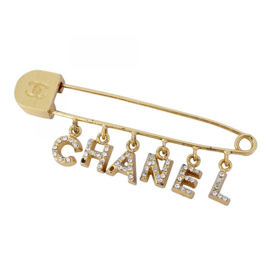 Chanel Brooch Here Mark Chanel Logo GP Plated Rhinestone Gold Ladies