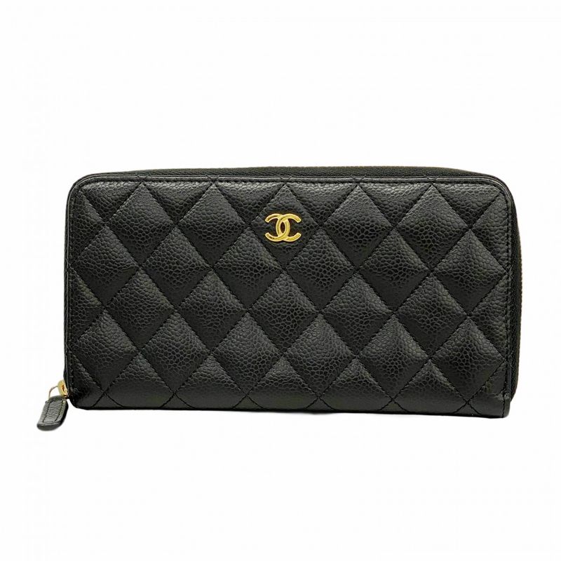 Chanel Long Wallet Matelasse Caviar Skin Black Gold Hardware Women's
