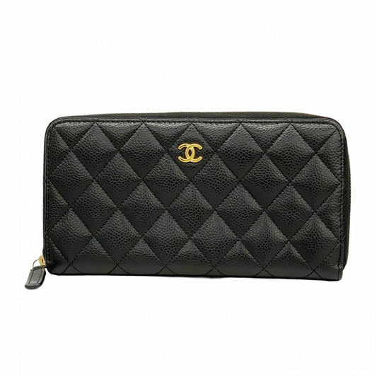 Chanel Long Wallet Matelasse Caviar Skin Black Gold Hardware Women's