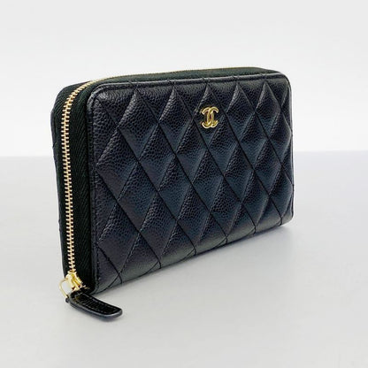 Chanel Long Wallet Matelasse Caviar Skin Black Gold Hardware Women's