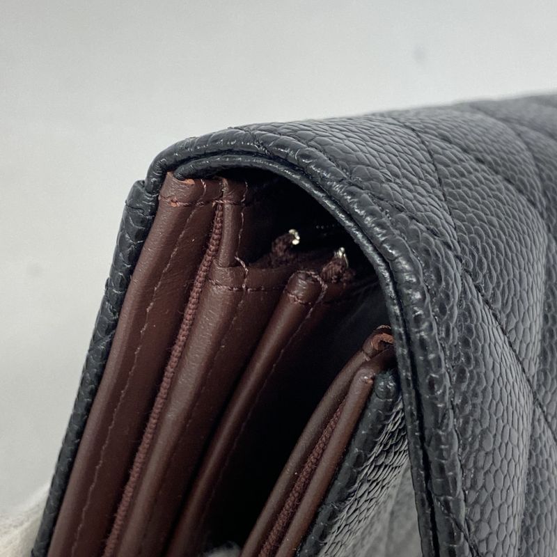 Chanel Trifold Wallet Matelasse Caviar Skin Black Silver Hardware Women's