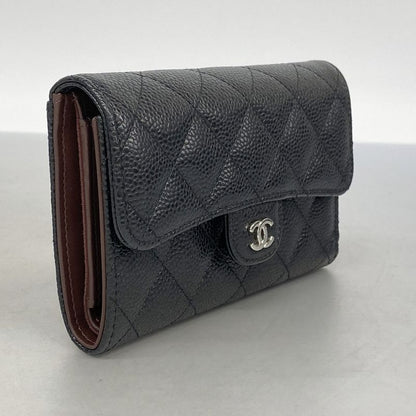 Chanel Trifold Wallet Matelasse Caviar Skin Black Silver Hardware Women's