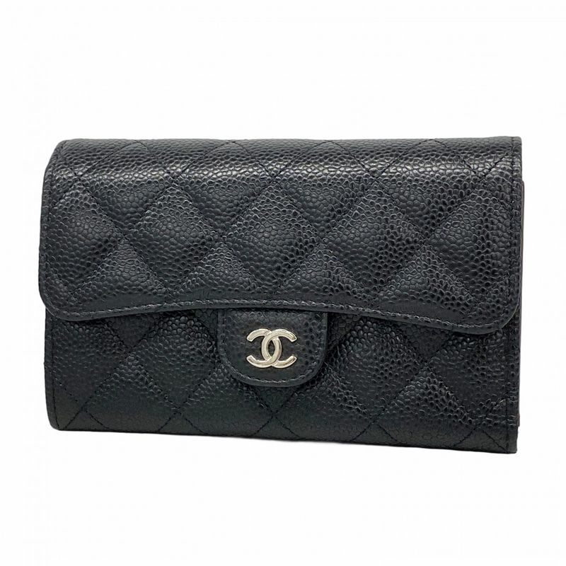 Chanel Trifold Wallet Matelasse Caviar Skin Black Silver Hardware Women's