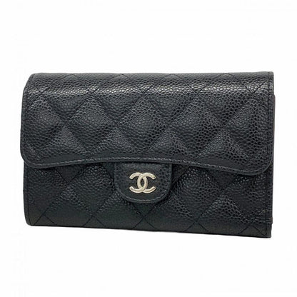 Chanel Trifold Wallet Matelasse Caviar Skin Black Silver Hardware Women's