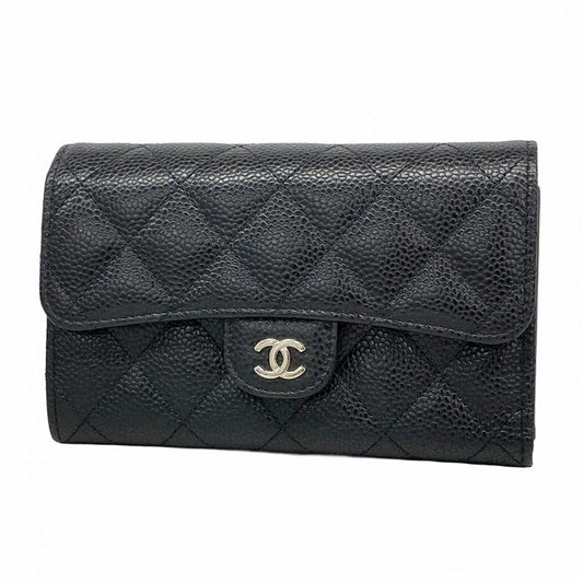 Chanel Trifold Wallet Matelasse Caviar Skin Black Silver Hardware Women's