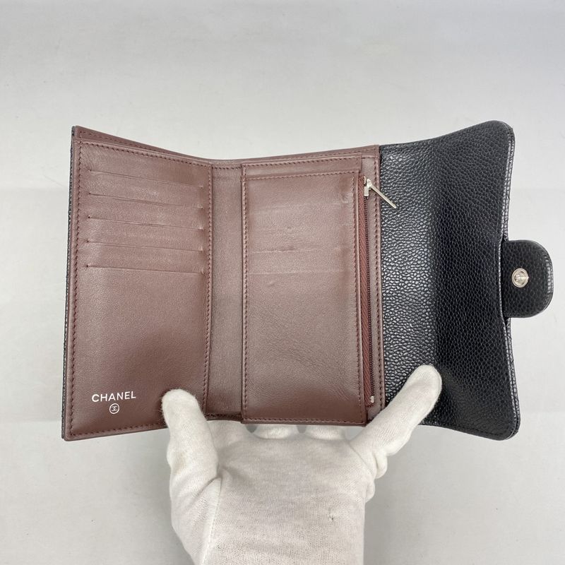 Chanel Trifold Wallet Matelasse Caviar Skin Black Silver Hardware Women's