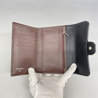 Chanel Trifold Wallet Matelasse Caviar Skin Black Silver Hardware Women's