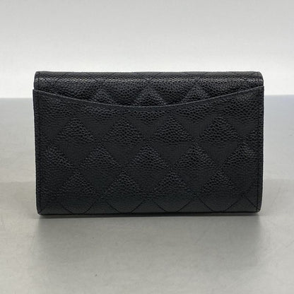 Chanel Trifold Wallet Matelasse Caviar Skin Black Silver Hardware Women's
