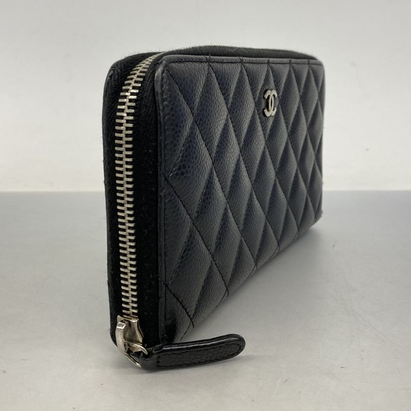 Chanel Long Wallet Matelasse Caviar Skin Black Silver Hardware Men Women Unisex