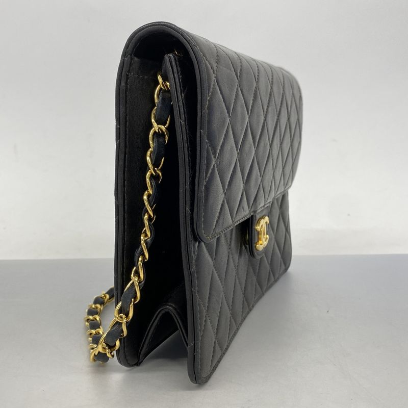 Chanel Shoulder Bag Matelasse Lambskin Black Gold Hardware Women