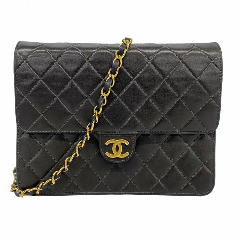 Chanel Shoulder Bag Matelasse Lambskin Black Gold Hardware Women