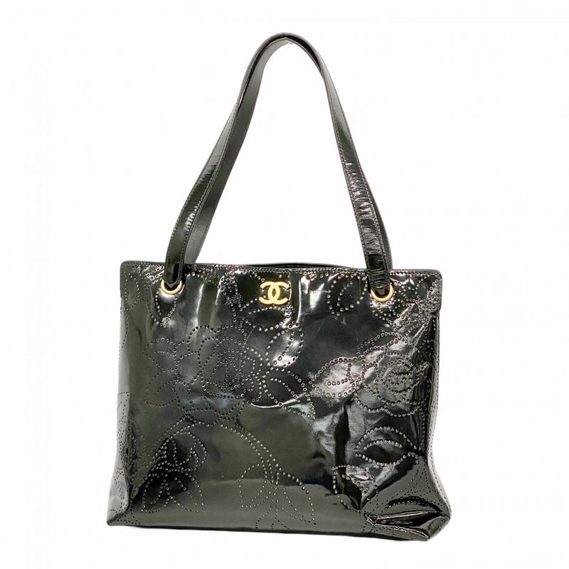 Chanel Tote Bag Camellia Patent Leather Black Chien Pan Gold Hardware Women's