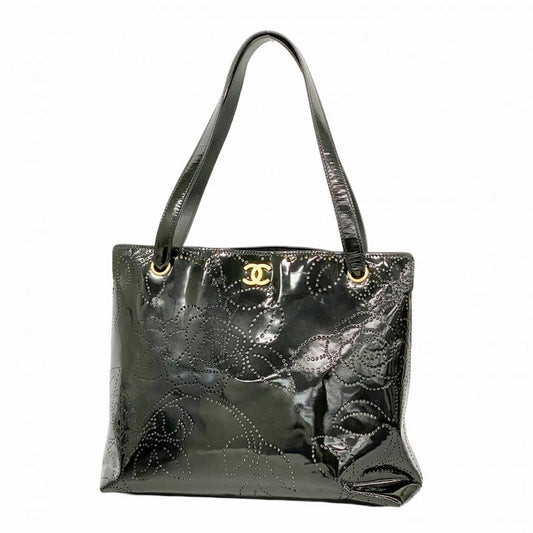 Chanel Tote Bag Camellia Patent Leather Black Chien Pan Gold Hardware Women's