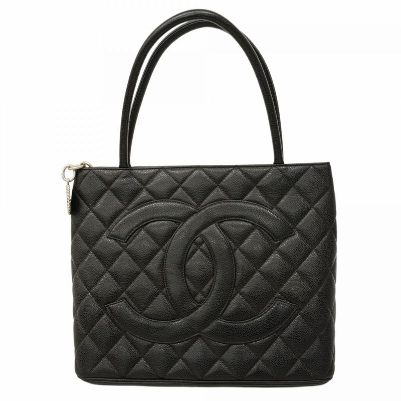 Chanel Tote Bag Reproduction Tote Caviar Skin Black Silver Hardware Women's
