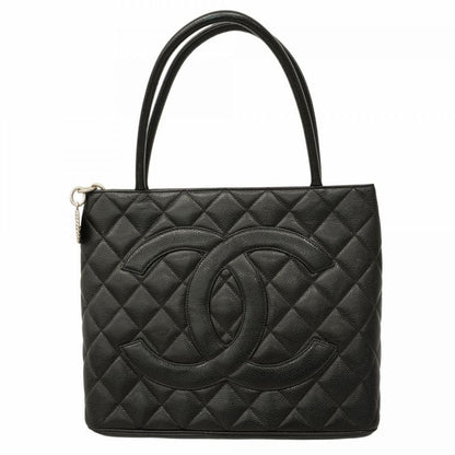 Chanel Tote Bag Reproduction Tote Caviar Skin Black Silver Hardware Women's