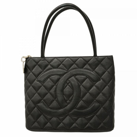 Chanel Tote Bag Reproduction Tote Caviar Skin Black Silver Hardware Women's