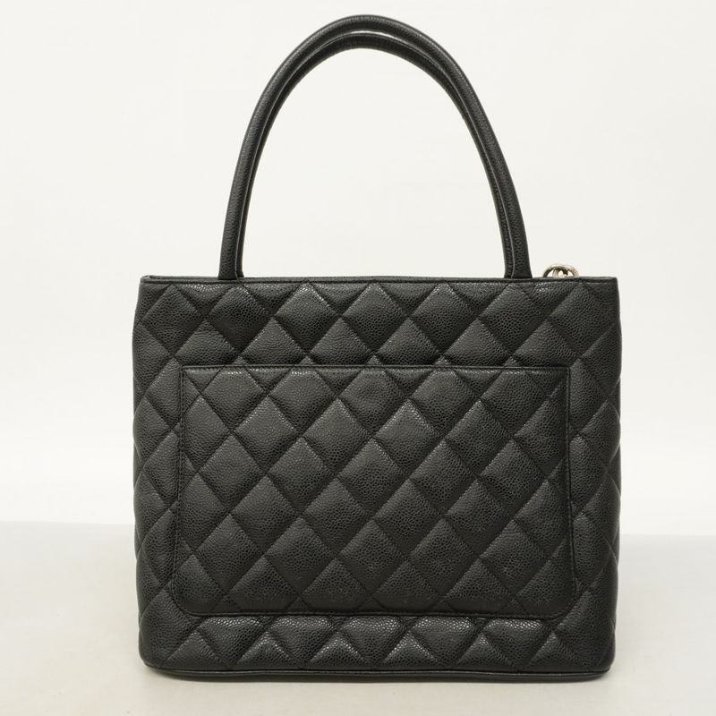 Chanel Tote Bag Reproduction Tote Caviar Skin Black Silver Hardware Women's