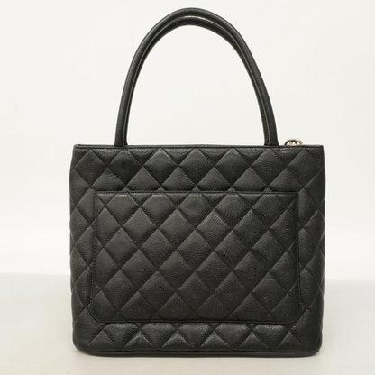 Chanel Tote Bag Reproduction Tote Caviar Skin Black Silver Hardware Women's