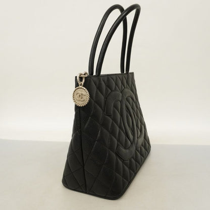 Chanel Tote Bag Reproduction Tote Caviar Skin Black Silver Hardware Women's