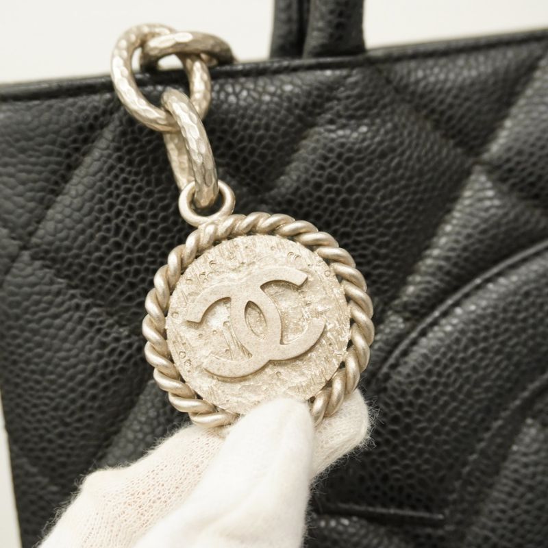 Chanel Tote Bag Reproduction Tote Caviar Skin Black Silver Hardware Women's
