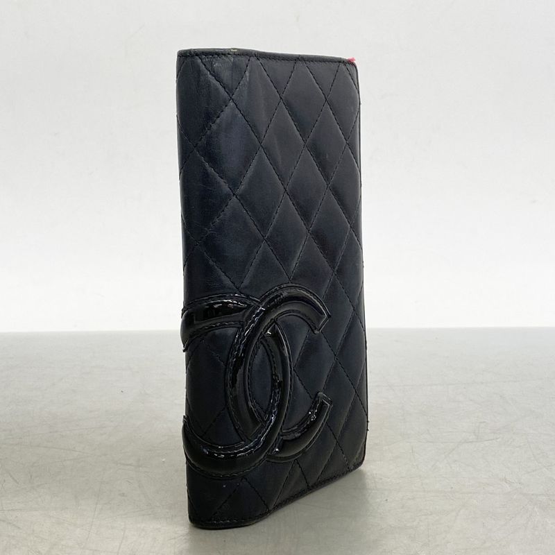 Chanel Long Wallet Cambon Lambskin Black Silver Hardware Women's