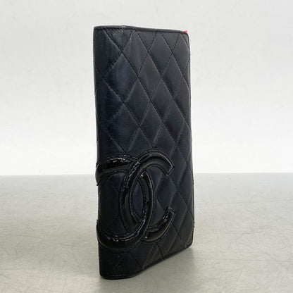 Chanel Long Wallet Cambon Lambskin Black Silver Hardware Women's