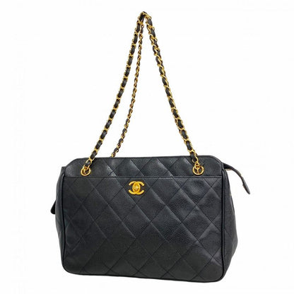 Chanel Shoulder Bag Matelasse Caviar Skin Black Gold Hardware Women