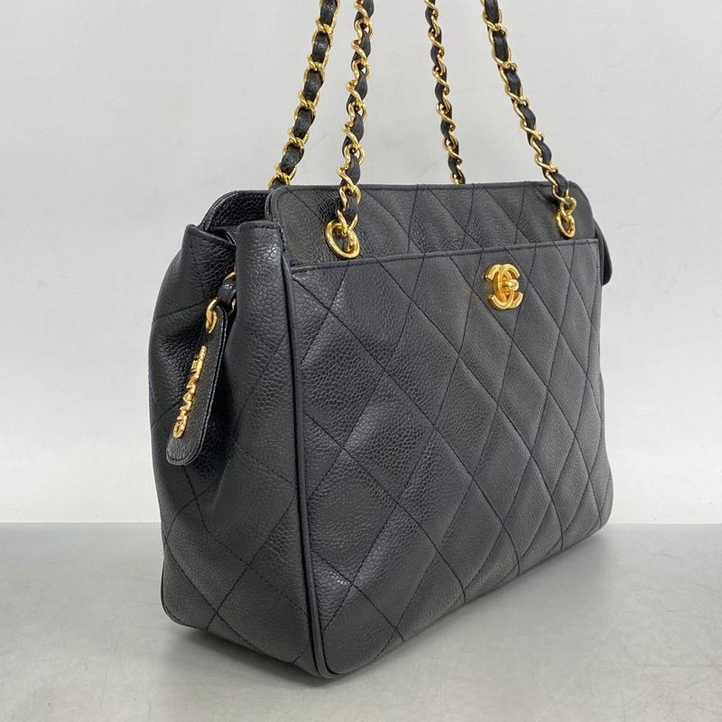 Chanel Shoulder Bag Matelasse Caviar Skin Black Gold Hardware Women