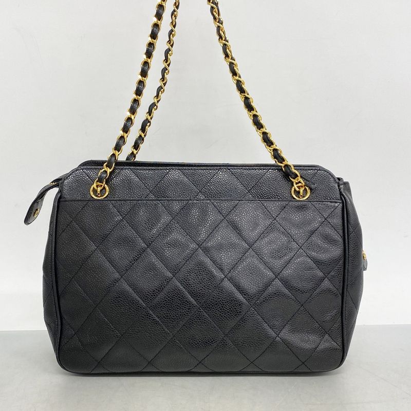 Chanel Shoulder Bag Matelasse Caviar Skin Black Gold Hardware Women