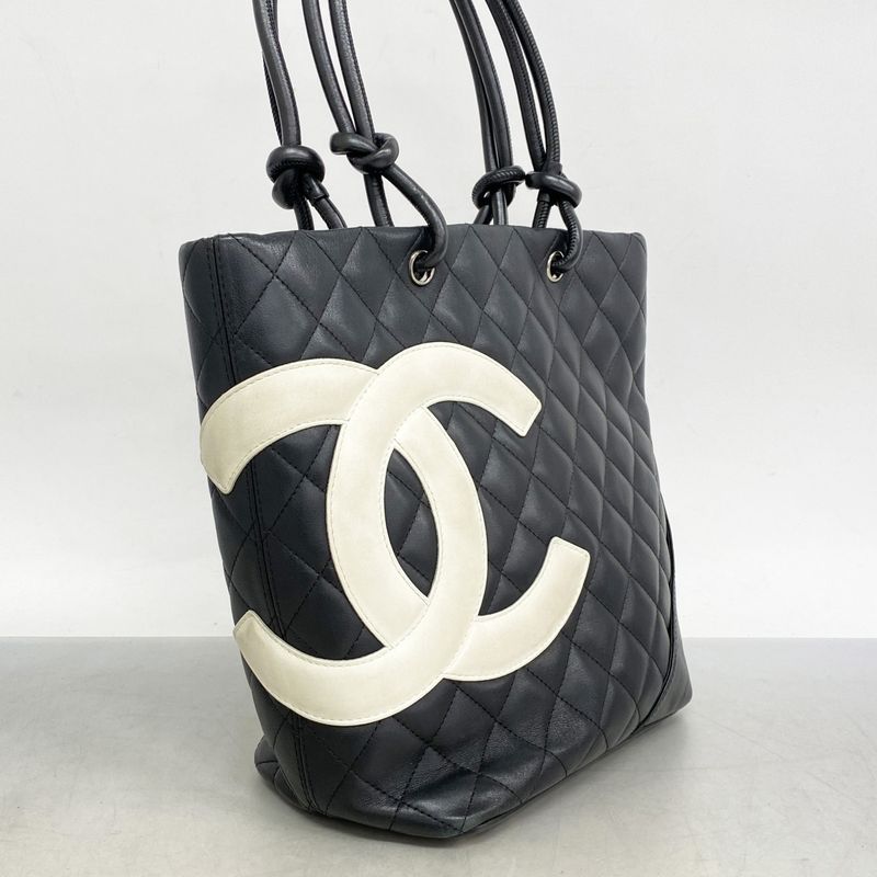 Chanel Tote Bag Cambon Lambskin Black Silver Hardware Women