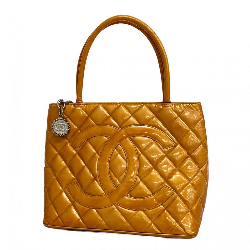 Chanel Tote Bag Reproduction Tote Patent Leather Orange Pink Silver Hardware