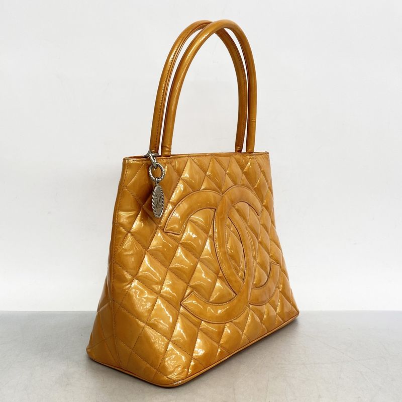 Chanel Tote Bag Reproduction Tote Patent Leather Orange Pink Silver Hardware
