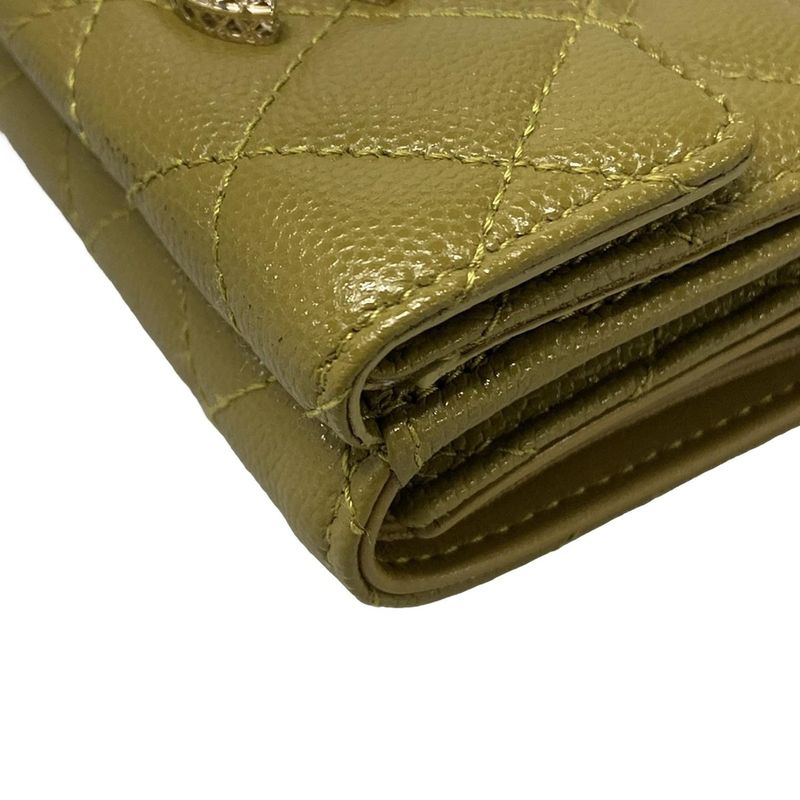 Chanel Trifold Wallet Matelasse Khaki Rhinestone Coco Mark Gold Hardware