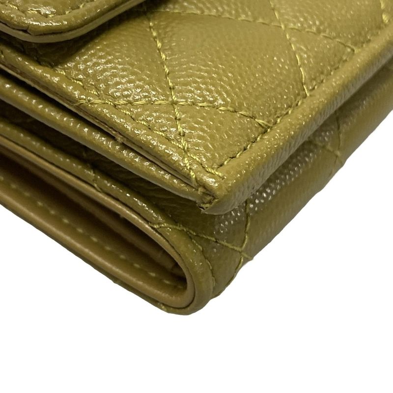 Chanel Trifold Wallet Matelasse Khaki Rhinestone Coco Mark Gold Hardware