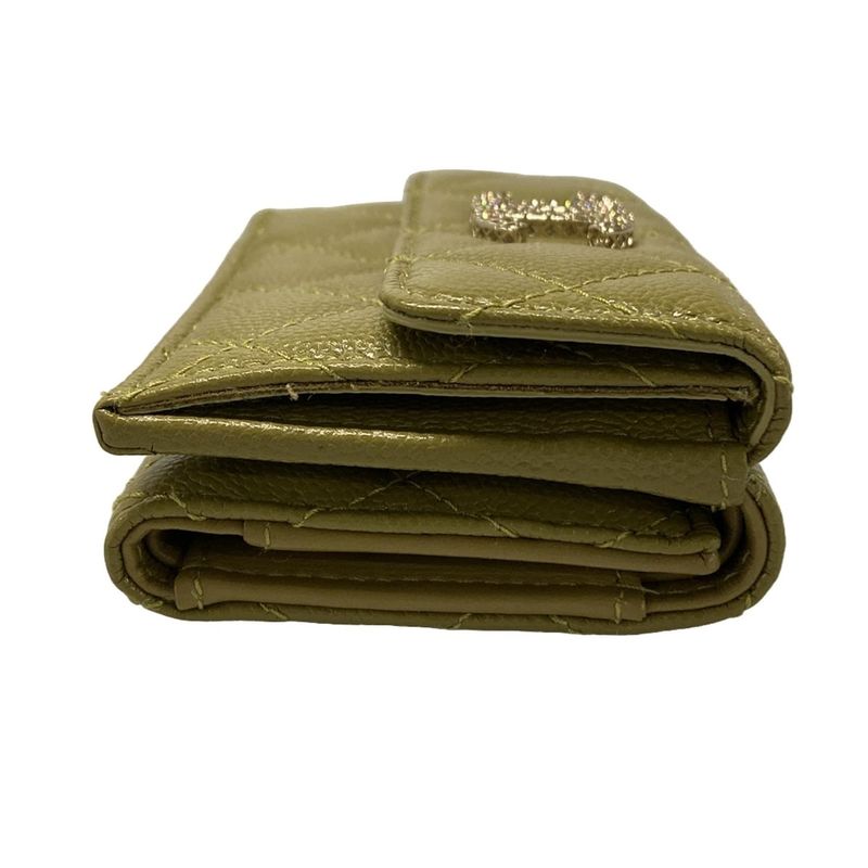 Chanel Trifold Wallet Matelasse Khaki Rhinestone Coco Mark Gold Hardware