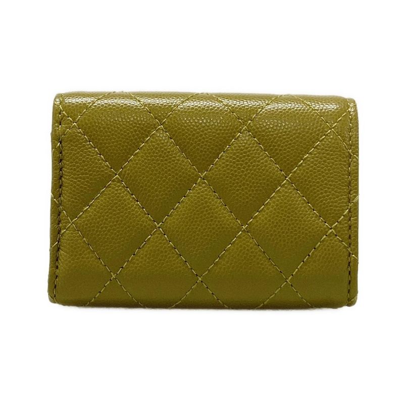 Chanel Trifold Wallet Matelasse Khaki Rhinestone Coco Mark Gold Hardware
