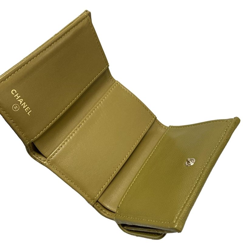 Chanel Trifold Wallet Matelasse Khaki Rhinestone Coco Mark Gold Hardware
