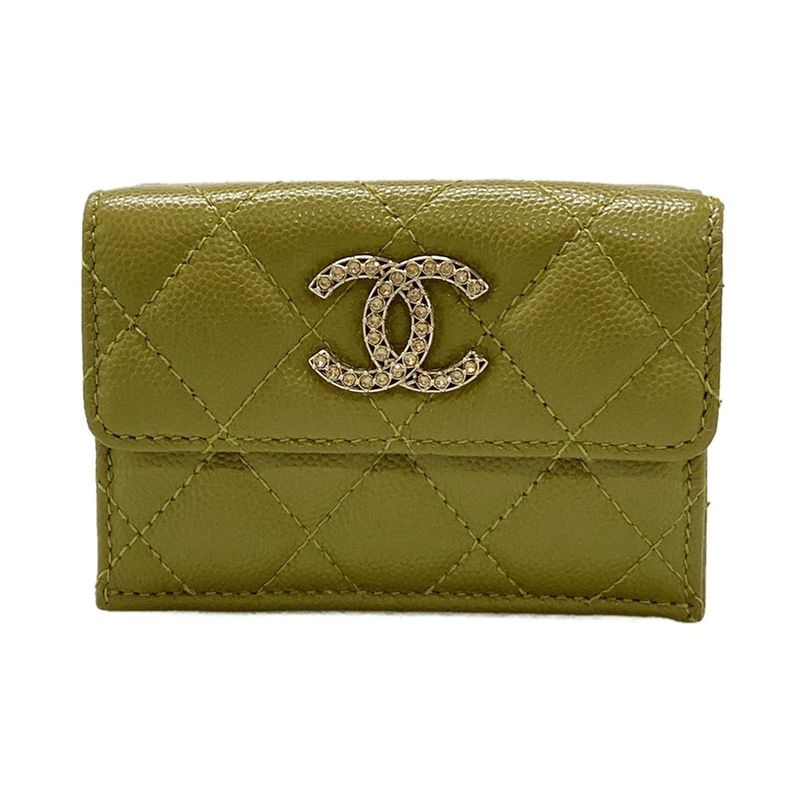 Chanel Trifold Wallet Matelasse Khaki Rhinestone Coco Mark Gold Hardware