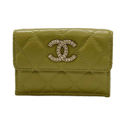 Chanel Trifold Wallet Matelasse Khaki Rhinestone Coco Mark Gold Hardware